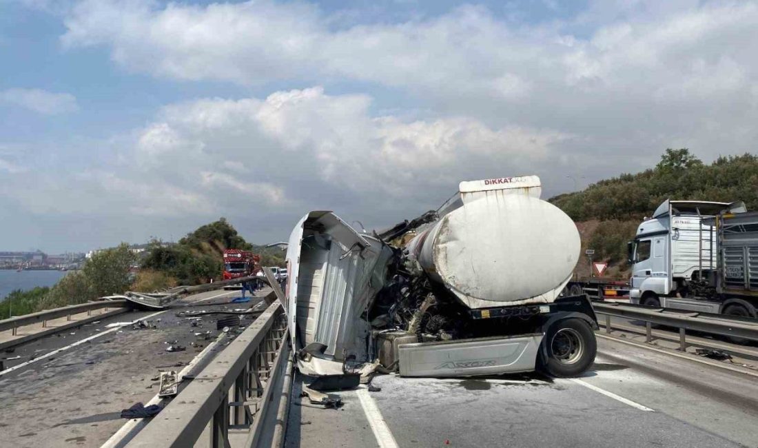 Kocaeli’nin Dilovası ilçesi D100 geçişinde, sürücüsünün kontrolünü kaybettiği tanker, bariyerlere
