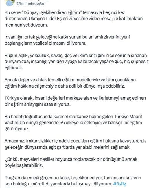 Cumhurbaşkanı Recep Tayyip Erdoğan’ın eşi Emine Erdoğan, insanların savaşla, zulümle,