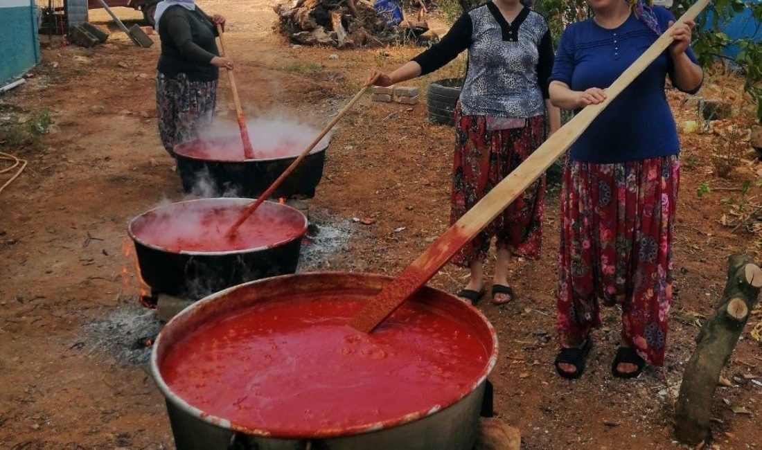 Erzincan’ın Üzümlü ilçesinde, kazanlarla kışlık salça yapan kadınlar, hem doğal