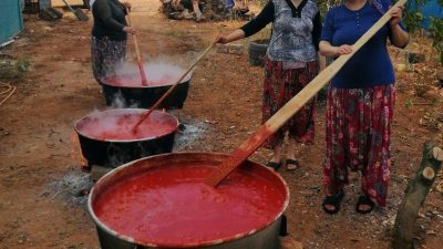 Erzincan’ın Üzümlü ilçesinde, kazanlarla kışlık salça yapan kadınlar, hem doğal