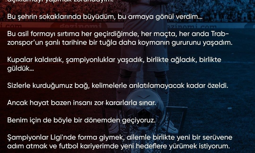 Trabzonspor’un milli kalecisi Uğurcan Çakır, veda mesajı yayımlayarak, zor bir