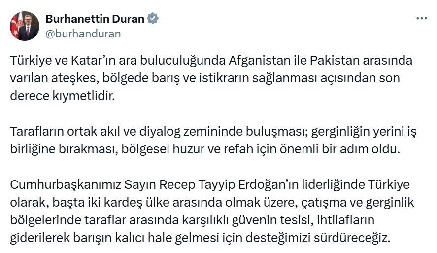 Cumhurbaşkanlığı İletişim Başkanı Burhanettin Duran, Türkiye ve Katar’ın arabuluculuğunda Afganistan