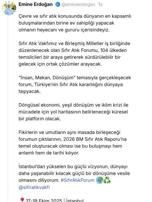 Cumhurbaşkanı Recep Tayyip Erdoğan’ın eşi Emine Erdoğan, 17-19 Ekim’de İstanbul’da