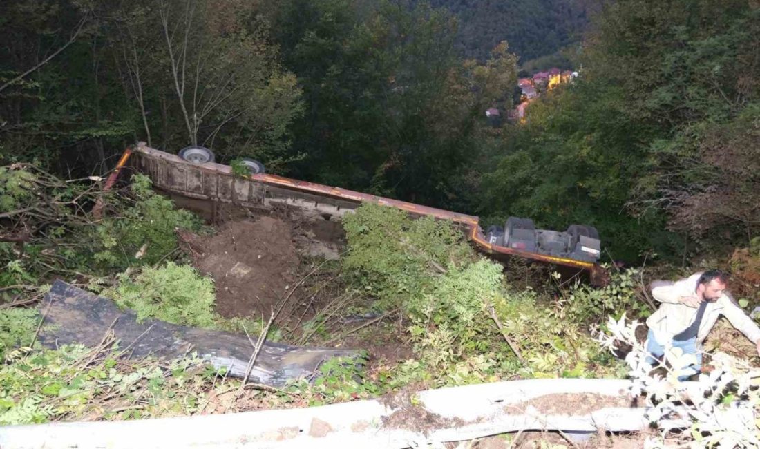 Kastamonu’nun Bozkurt ilçesinde iş makinesi yüklü tırın şarampole devrildiği kazada