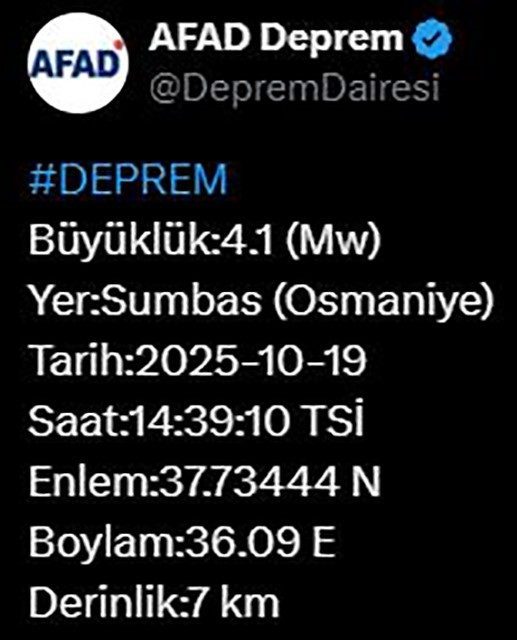 Osmaniye’de 4.1 büyüklüğünde deprem meydana geldiği. AFAD’ın paylaştığı bilgilere göre,