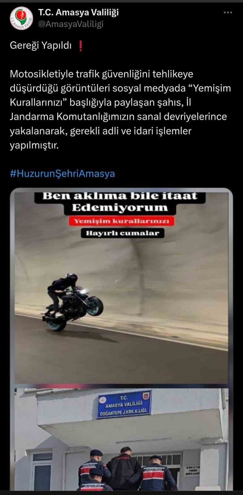 Amasya’da trafik güvenliğini tehlikeye düşürerek motosiklet kullandığı görüntüleri “Yemişim kurallarınızı”