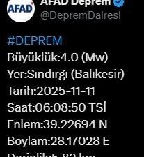 Afet ve Acil Durum Yönetimi Başkanlığı (AFAD), Balıkesir’de 4 büyüklüğünde