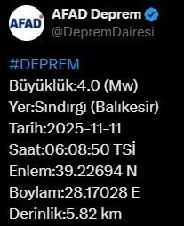 Afet ve Acil Durum Yönetimi Başkanlığı (AFAD), Balıkesir’de 4 büyüklüğünde