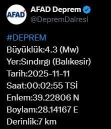 Afet ve Acil Durum Yönetimi Başkanlığı (AFAD), Balıkesir’de 4.3 büyüklüğünde