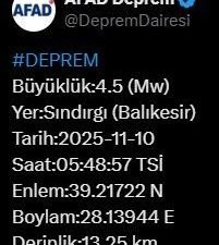 Afet ve Acil Durum Yönetimi Başkanlığı (AFAD), Balıkesir’de 4.5 büyüklüğünde
