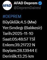 Afet ve Acil Durum Yönetimi Başkanlığı (AFAD), Balıkesir’de 4.5 büyüklüğünde