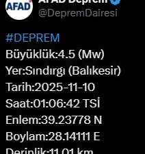 Afet ve Acil Durum Yönetimi Başkanlığı (AFAD), Balıkesir’de 4.5 büyüklüğünde