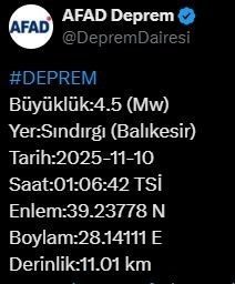 Afet ve Acil Durum Yönetimi Başkanlığı (AFAD), Balıkesir’de 4.5 büyüklüğünde