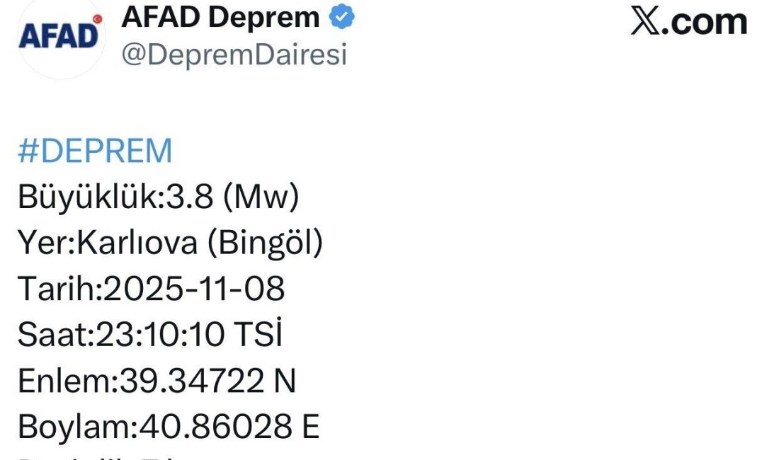 Merkez üssü Bingöl’ün Karlıova ilçesi olan 3.8 büyüklüğünde deprem meydana