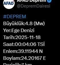 Afet ve Acil Durum Yönetimi Başkanlığı (AFAD), Ege Denizi’nde 4.8