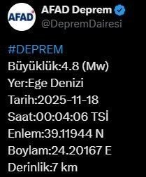 Afet ve Acil Durum Yönetimi Başkanlığı (AFAD), Ege Denizi’nde 4.8