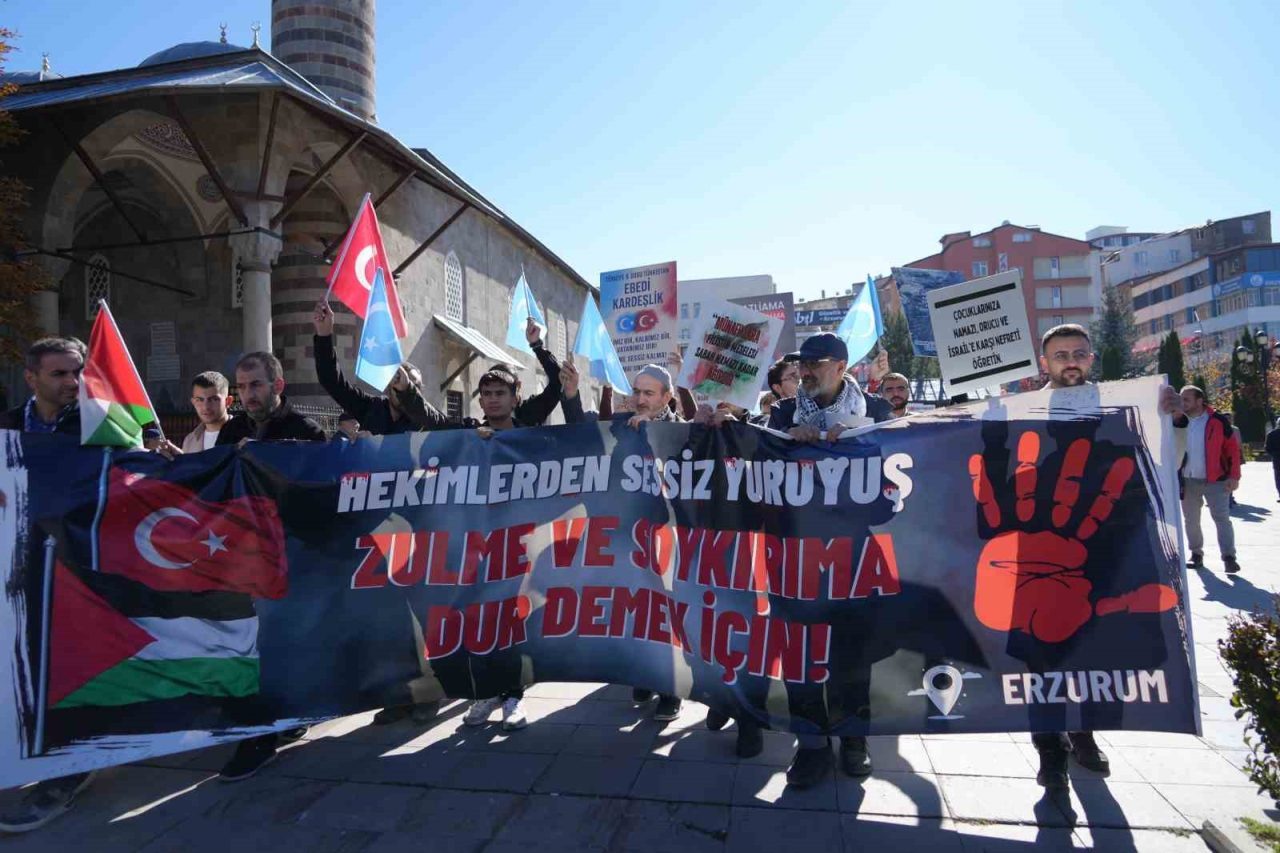 Hekim ve sağlık çalışanlarının Erzurum’da 103 haftadır, İsrail’in Gazze’ye yönelik