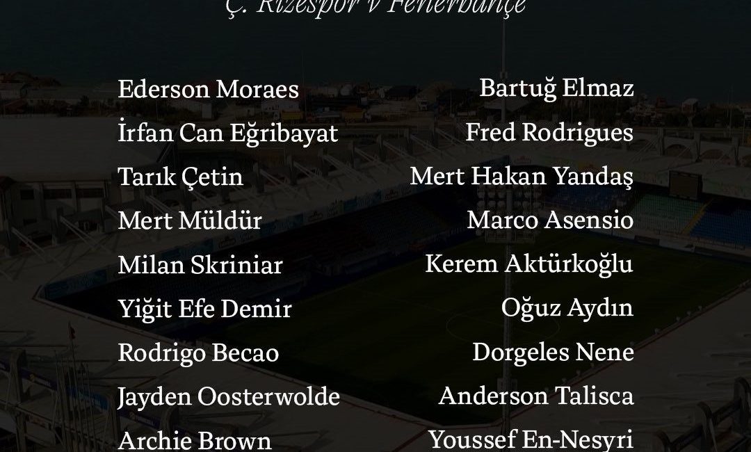 Fenerbahçe’nin, Trendyol Süper Lig’de yarın deplasmanda Çaykur Rizespor ile oynayacağı