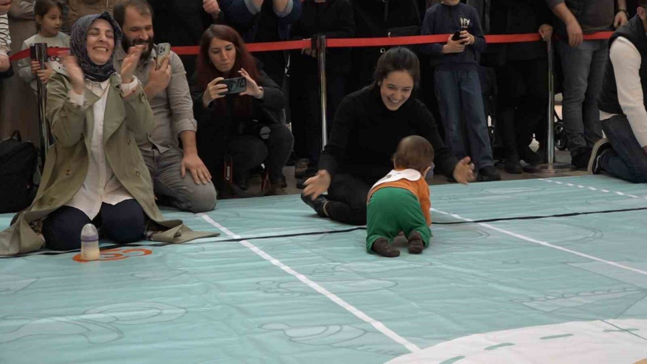 Rize’de düzenlenen bebek emekleme yarışmasında miniklerden çok aileleri efor sarf