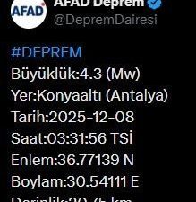 Afet ve Acil Durum Yönetimi Başkanlığı (AFAD), Antalya’da 4.3 büyüklüğünde