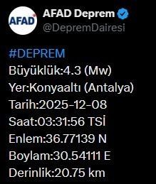 Afet ve Acil Durum Yönetimi Başkanlığı (AFAD), Antalya’da 4.3 büyüklüğünde