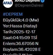 Afet ve Acil Durum Yönetimi Başkanlığı (AFAD), Hatay’da 4.0 büyüklüğünde