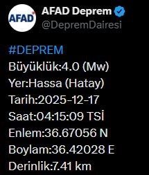 Afet ve Acil Durum Yönetimi Başkanlığı (AFAD), Hatay’da 4.0 büyüklüğünde
