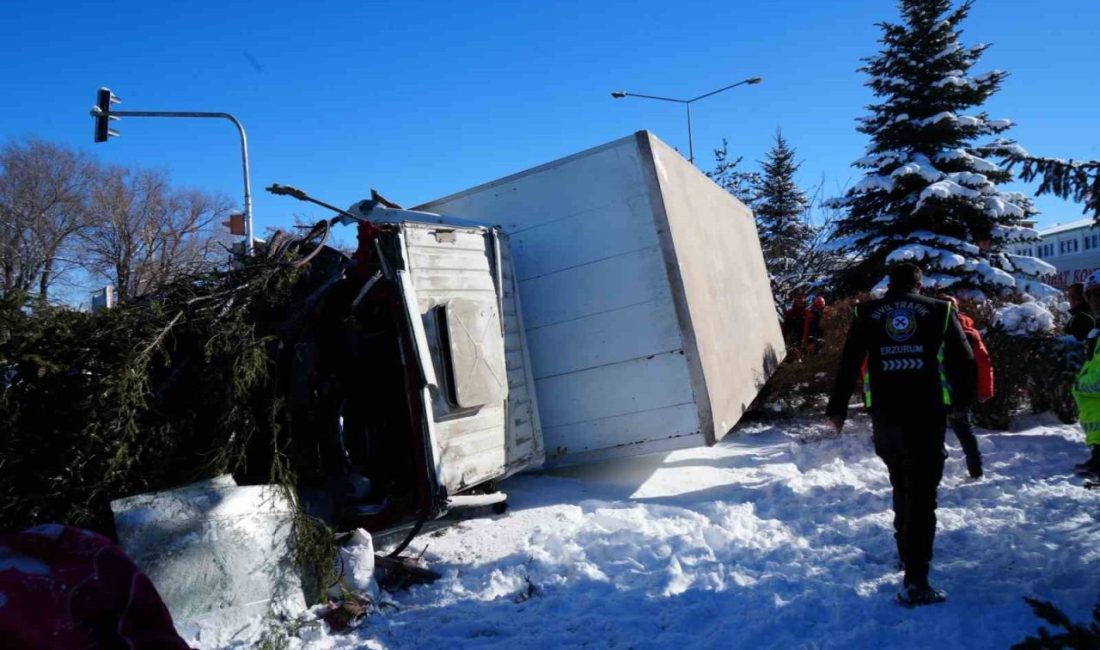 Erzurum’da meydana gelen kazada bir kamyon hızını alamayarak refüje çıkıp