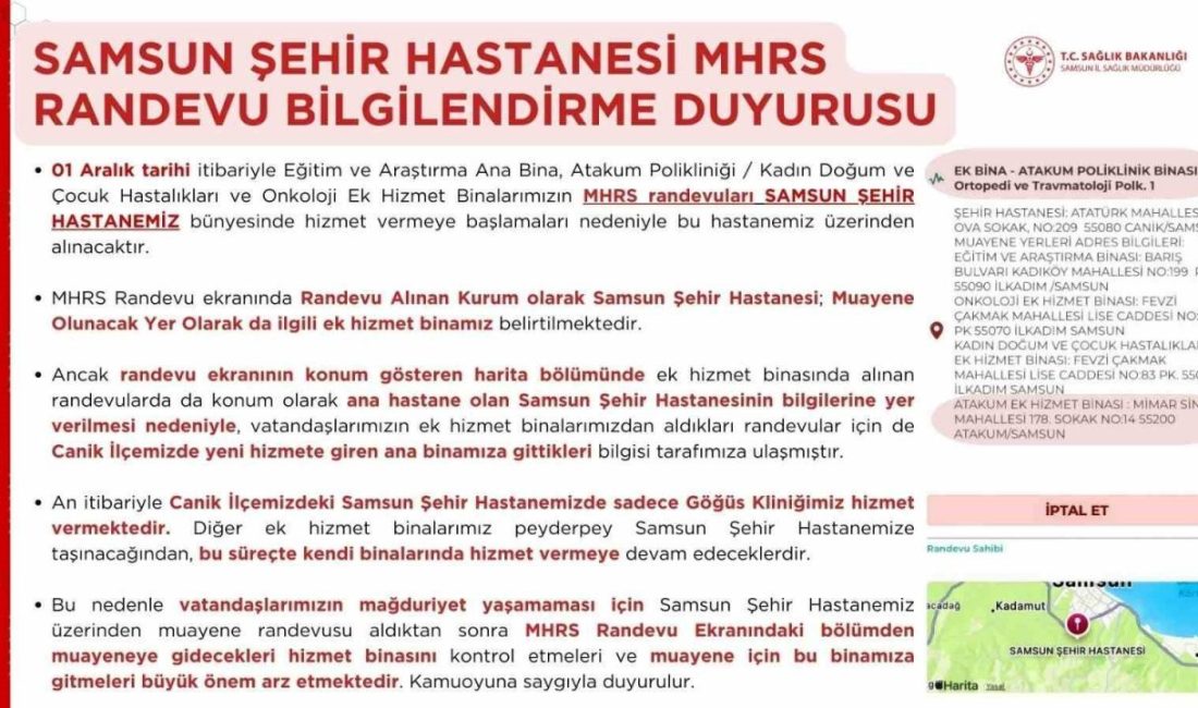 Samsun Şehir Hastanesi için Merkezi Hekim Randevu Sistemi (MHRS) üzerinden