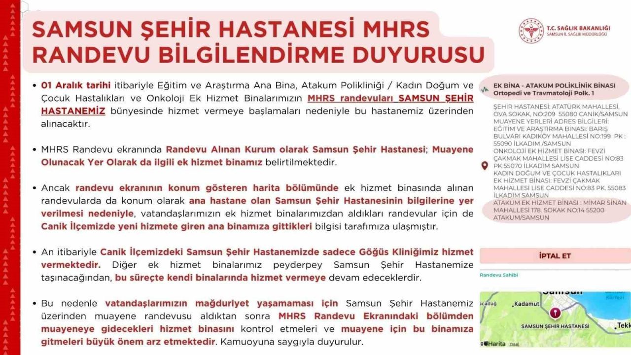 Samsun Şehir Hastanesi için Merkezi Hekim Randevu Sistemi (MHRS) üzerinden