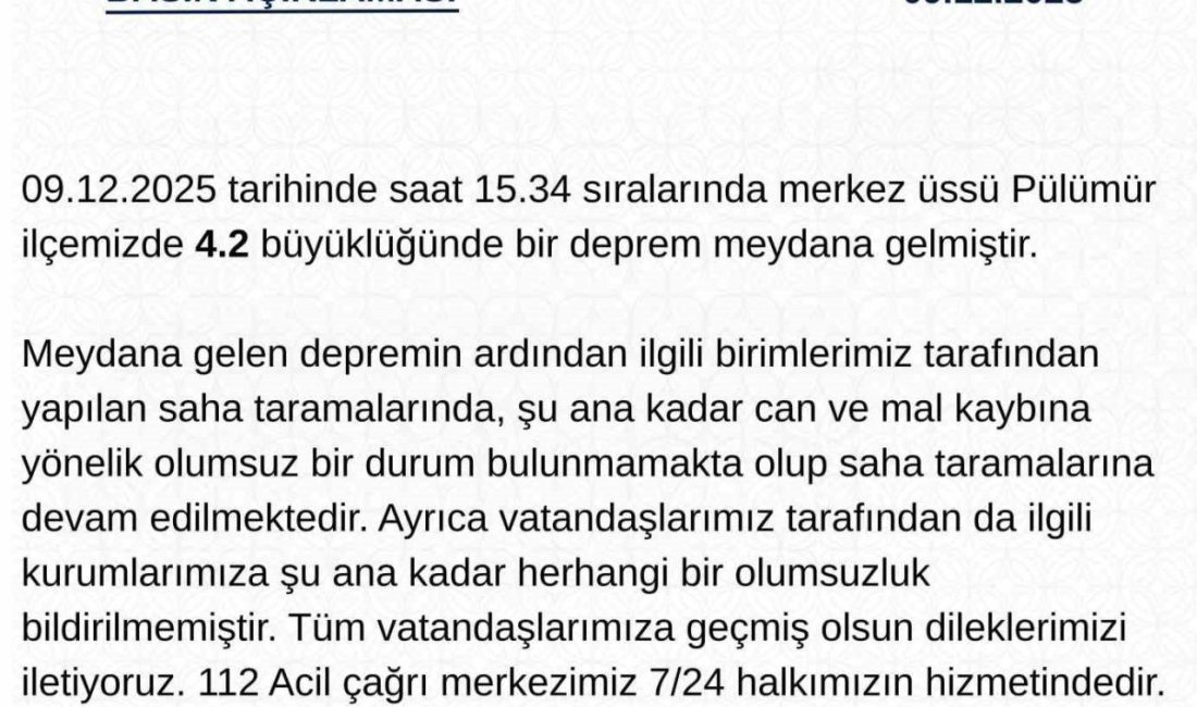 Merkez üssü Tunceli’nin Pülümür ilçesi olan 4.2 büyüklüğünde depremin ardından