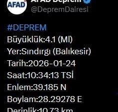 Afet ve Acil Durum Yönetimi Başkanlığı (AFAD), Balıkesir’de 4.1 büyüklüğünde