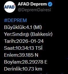 Afet ve Acil Durum Yönetimi Başkanlığı (AFAD), Balıkesir’de 4.1 büyüklüğünde