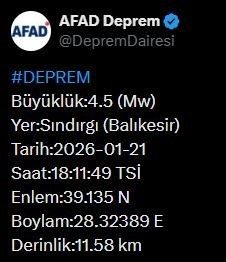 Afet ve Acil Durum Yönetimi Başkanlığı (AFAD), Balıkesir’de 4.5 büyüklüğünde