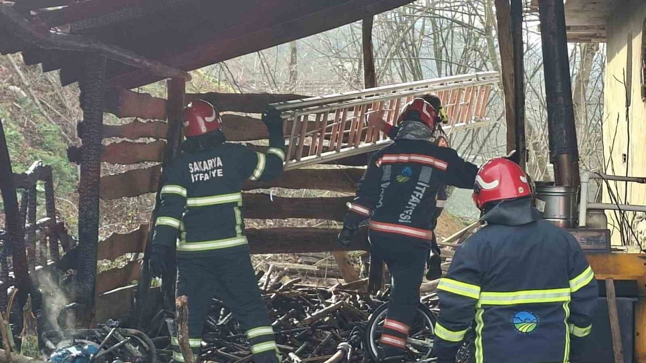 Sakarya’nın Akyazı ilçesinde tek katlı evin bitişiğindeki odunlukta çıkan yangın