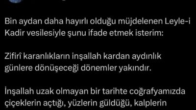 Cumhurbaşkanı Erdoğan, Kadir Gecesi dolayısıyla sosyal medya hesabından yaptığı paylaşımda,
