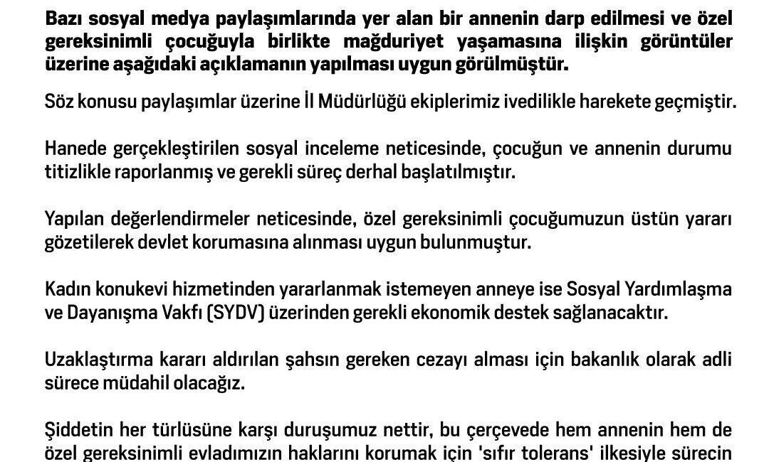 Aile ve Sosyal Hizmetler Bakanlığı, darbedilen anne ve özel gereksinimli