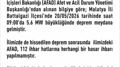 Elazığ Valiliği merkez üssü Malatya Battalgazi olan 5.6 büyüklüğündeki depremin