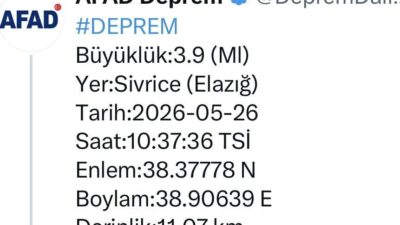 Elazığ’da 3.9 büyüklüğünde deprem meydana geldi. Afet ve Acil Durum