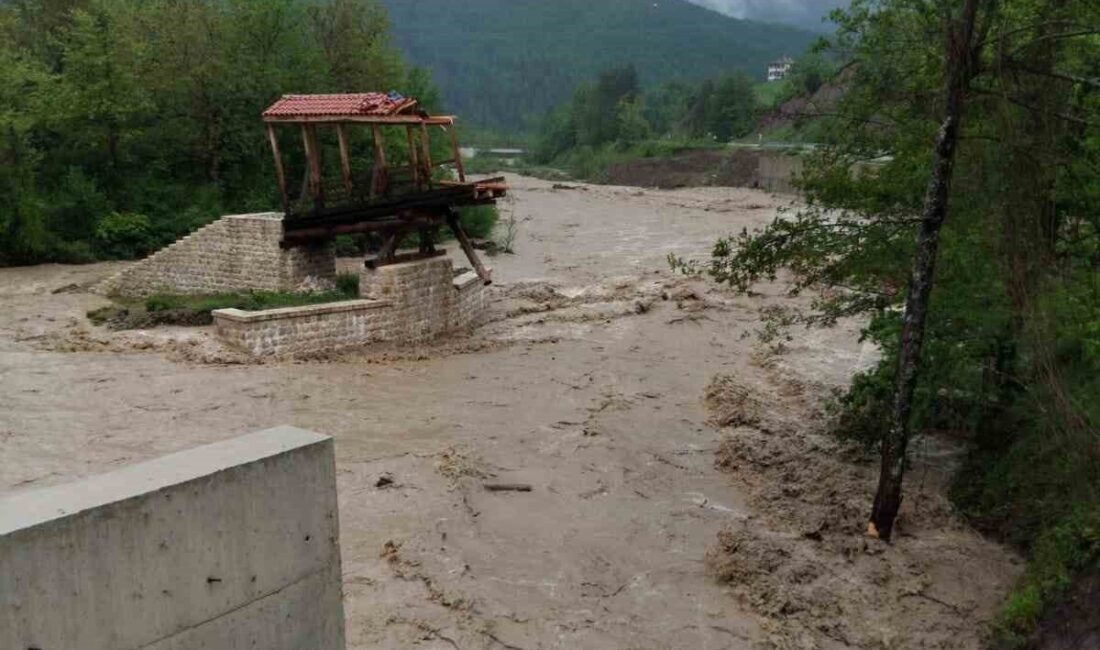 Kastamonu’nun Azdavay ilçesinde sağanak yağış sonrası Şehriban Çayı’nın debisinin yükselmesiyle