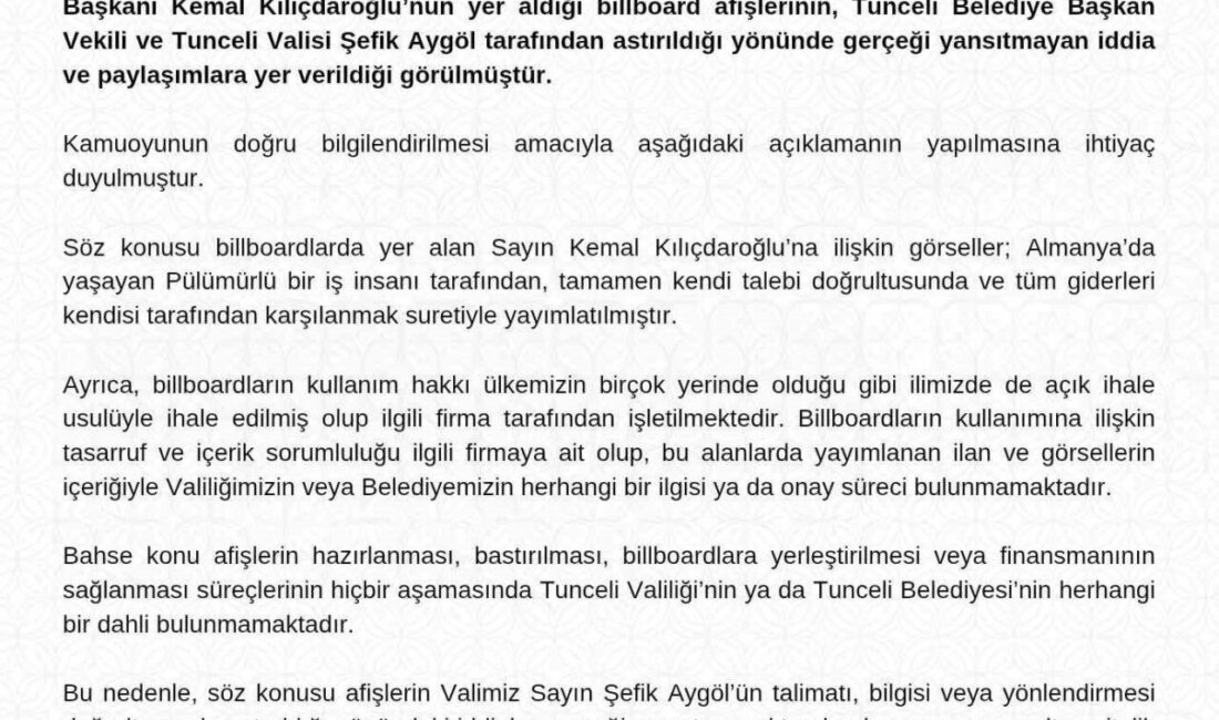 Tunceli Valiliği, CHP Genel Başkanı Kemal Kılıçdaroğlu’nun yer aldığı billboard