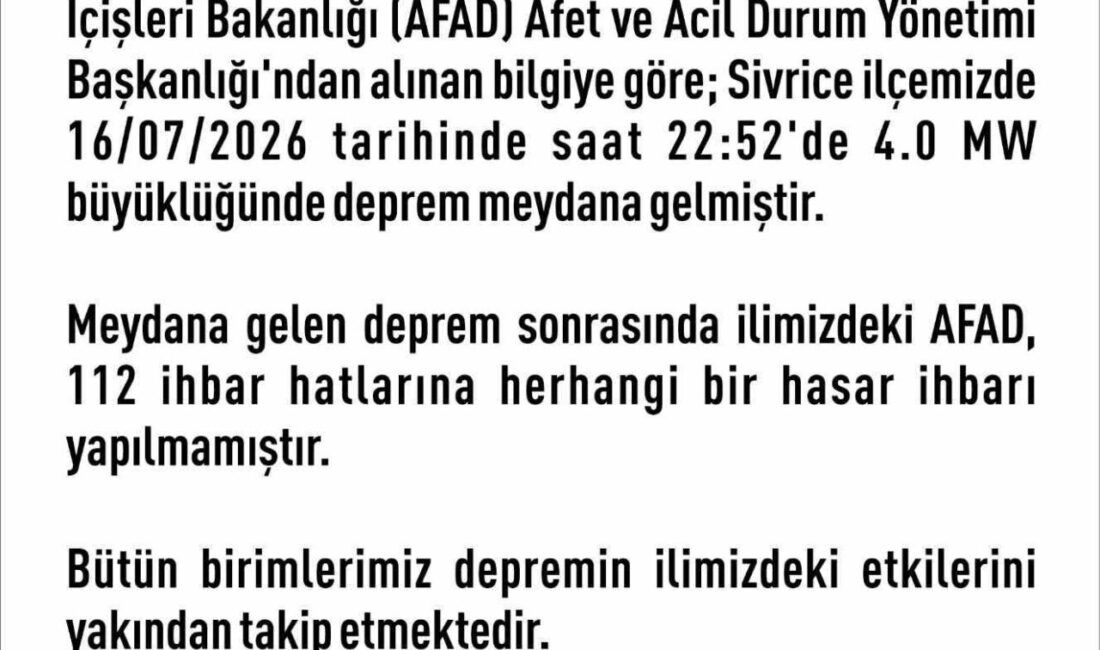 Elazığ’ın Sivrice ilçesinde meydana gelen 4.0 büyüklüğündeki depremin ardından açıklama