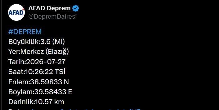 Elazığ’da 3.6 büyüklüğünde deprem meydana geldi. Afet ve Acil Durum