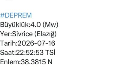 Merkez üssü Elazığ’ın Sivrice ilçesi olan 4.0 büyüklüğünde deprem meydana