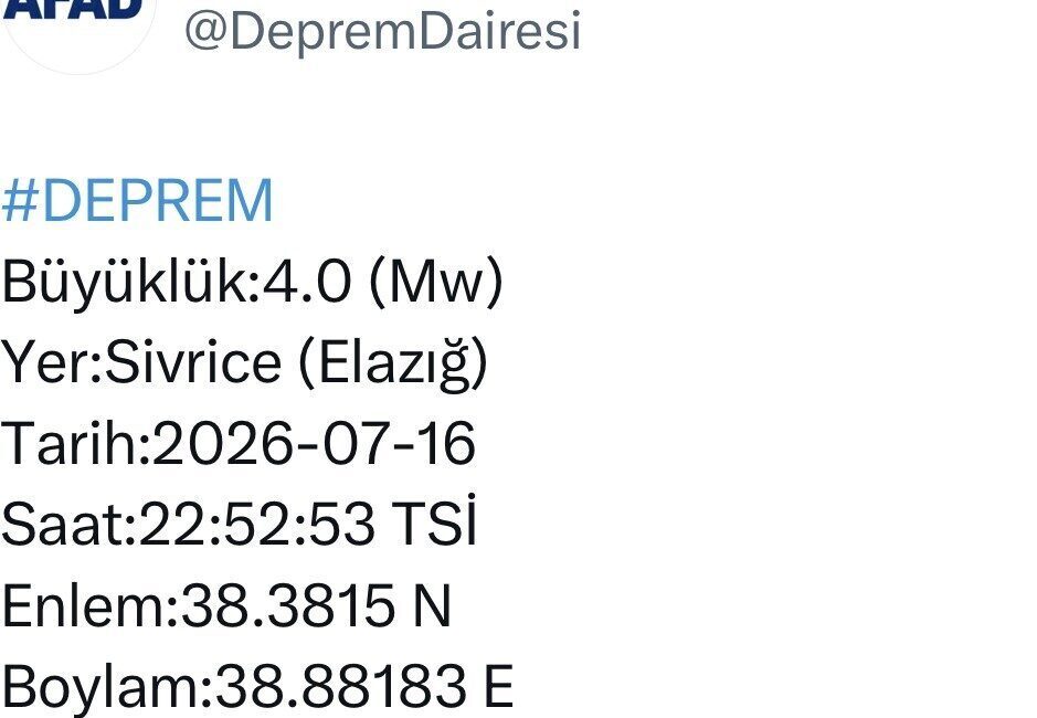 Merkez üssü Elazığ’ın Sivrice ilçesi olan 4.0 büyüklüğünde deprem meydana